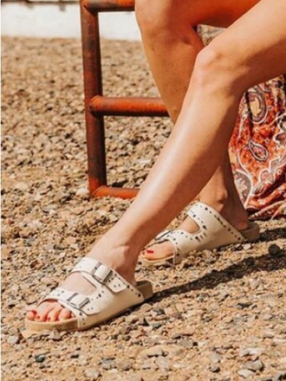 Freebird Asher Studded Double Buckle Slide Sandals in Bone